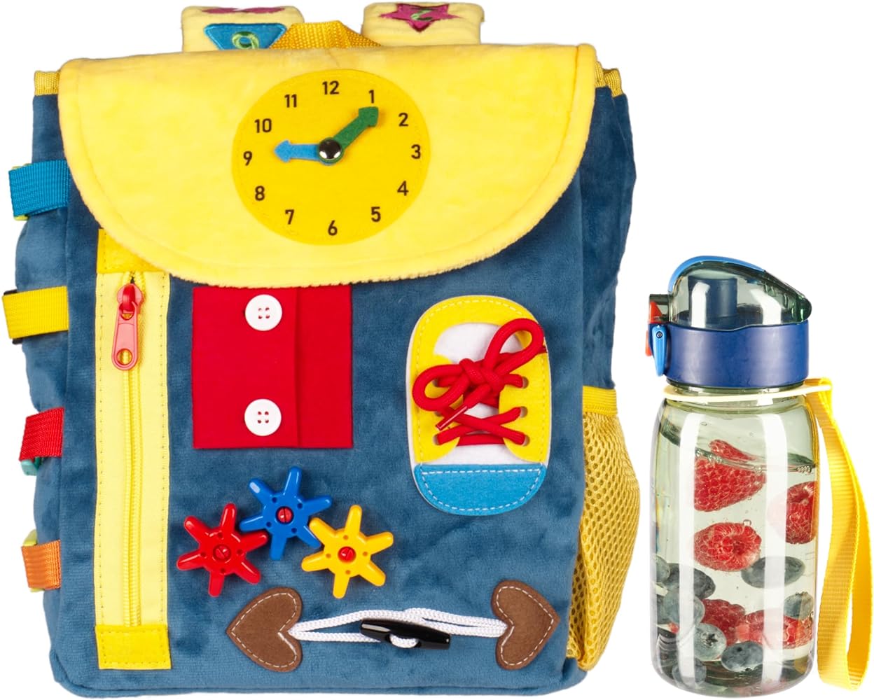 Busy Board Activity Backpack and Water Bottle Set for Toddlers | Fun Learning Toy Ideal for Preschool, Travel Entertainment and Gifts for Boys & Girls | Downloadable Print at Home Coloring Book