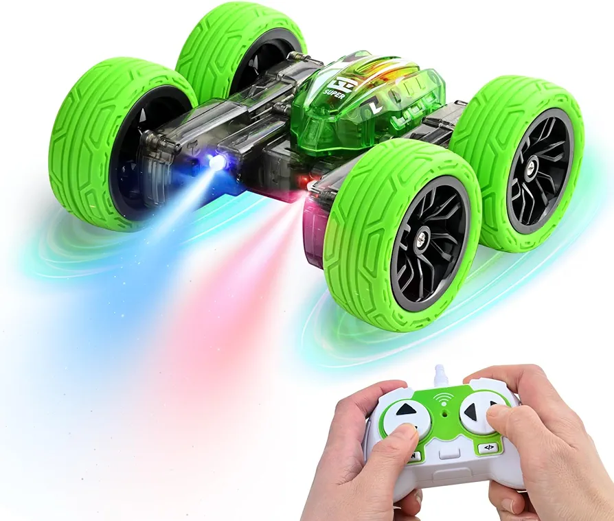 2024 Upgraded RC Stunt Cars Remote Control LED Headlights 360-Degree Spin Double-Sided Driving 2.4 GHZ Rechargeable Toy Vehicle Gift Kids Boys Girls Age 6-12+ Green