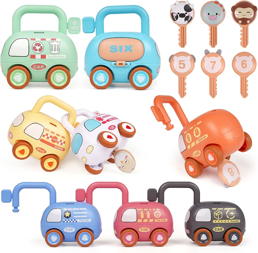 2 in 1 Kids Montessori Toy Learning Locks Toy and Toddler Car Toys,Preschool Fine Motor Skills Activities Toys Busy Board 12 18 24 Months Numbers Matching Sorting Toy,Vehicle Sensory Toy Gifts