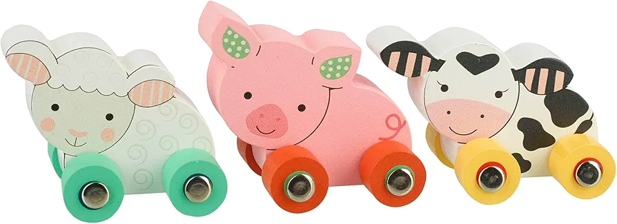 Orange Tree Toys: First Farm Animals - 3 Wooden Animals On Wheels, Push Toys, Colorful Sheep, Pig & Cow, FSC Certified, Toddlers & Kids Ages 1+