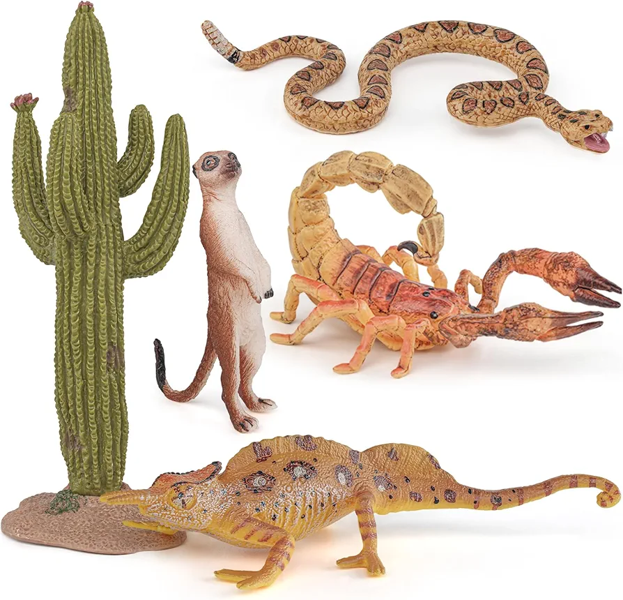 Fantarea Desert Wild Animal Model Figures Playsets 5 PCS Cactus Scorpion Snake Chameleon Meerkat Figurines Decoration Set Toys for Boys Girls Kids