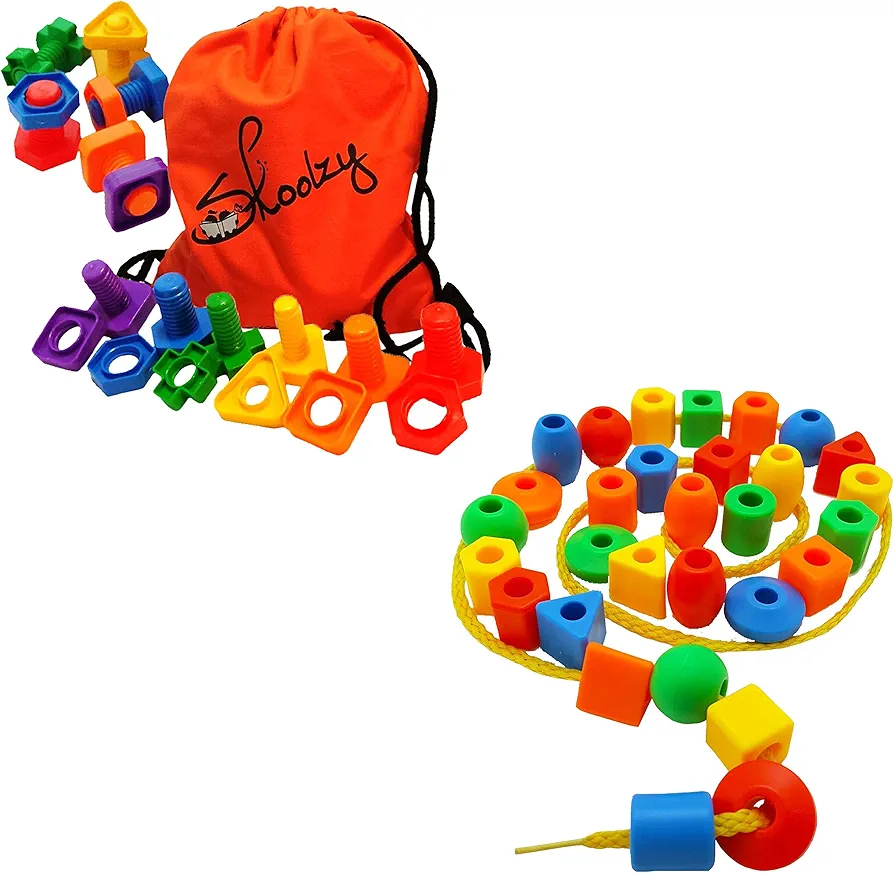 Skoolzy Occupational Therapy Toddler Toys - Preschool Lacing Beads and Jumbo Nuts and Bolts - Montessori Toys for Kids