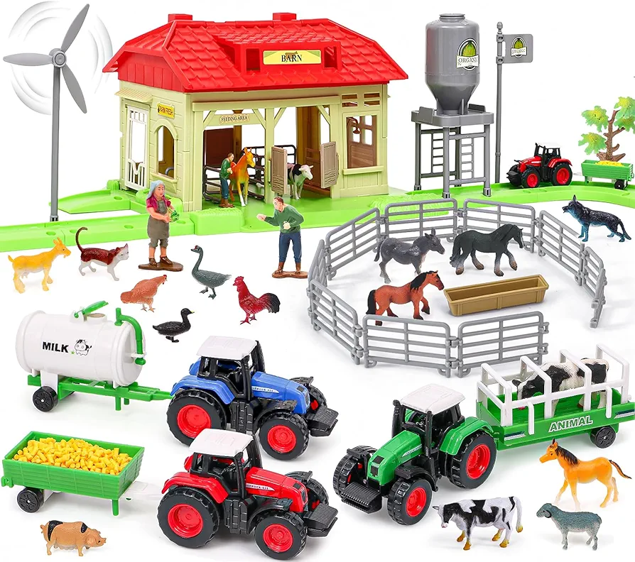 Golray Barn Farm Animal Toy for Kids, Barnyard Playset with Long Track, 18 Animals Figures, 3 Farm Tractor, Big Barn Stable Building, Christmas Birthday Gift Age 3 4 5 6 7 8-12 Boys Girls Toddlers