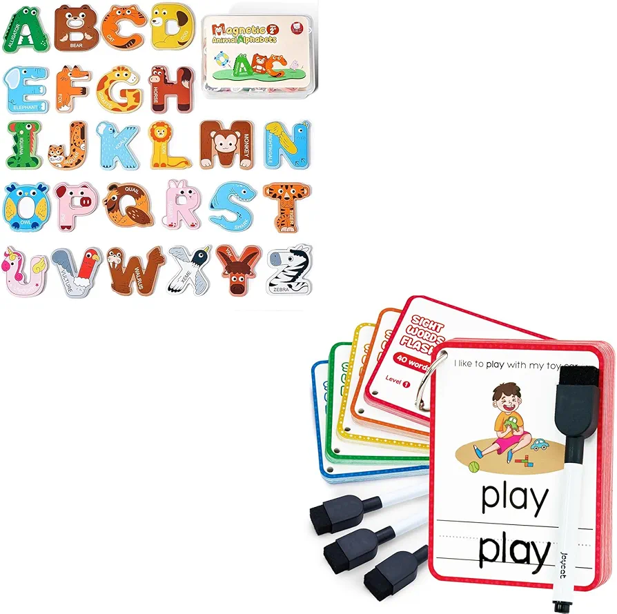 Wooden Thick Alphabet Magnets for Toddlers + JoyCat Sight Words Kids Writing Flash Cards,26 Uppercase Letters Educational Toy Set for Kids Toddlers Preschool Learning Spelling