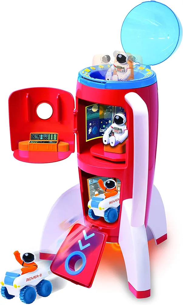 Spaceship Rocket Toy Playset with 2 Astronauts and Rover Vehicle - Lights and Sound, Carrying Handle Play and Explore Space