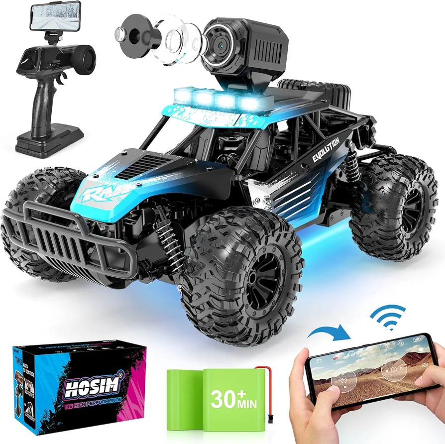 Hosim RC Cars with 1080P HD FPV Camera, 1:16 Scale Gift Off-Road Remote Control Truck Car High Speed Monster Trucks for Kids Adults Boys & Girls 2 Batteries 60 Min Play