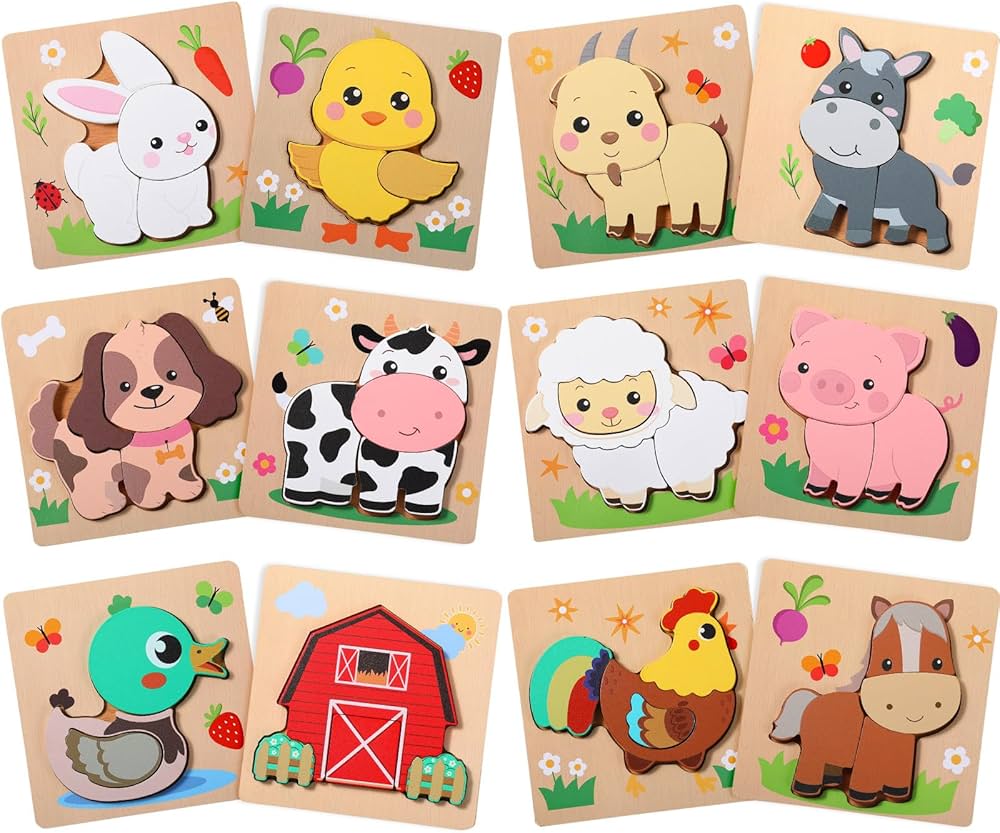 Capoda 12 Pack Farm Animal Wooden Puzzles Wood Animal Jigsaw for Toddlers Montessori Preschool Learning Games Educational Toys for Boys Girls Classroom Exchange Gifts Party Favors