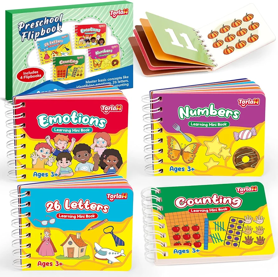 Preschool Learning Books, Alphabet Games ABC Letter Number Recognition Counting Toys Toddler Emotions Feelings Book, Flipbook Mini Board Books Set Activity Book Learning Activities, 4 Pcs