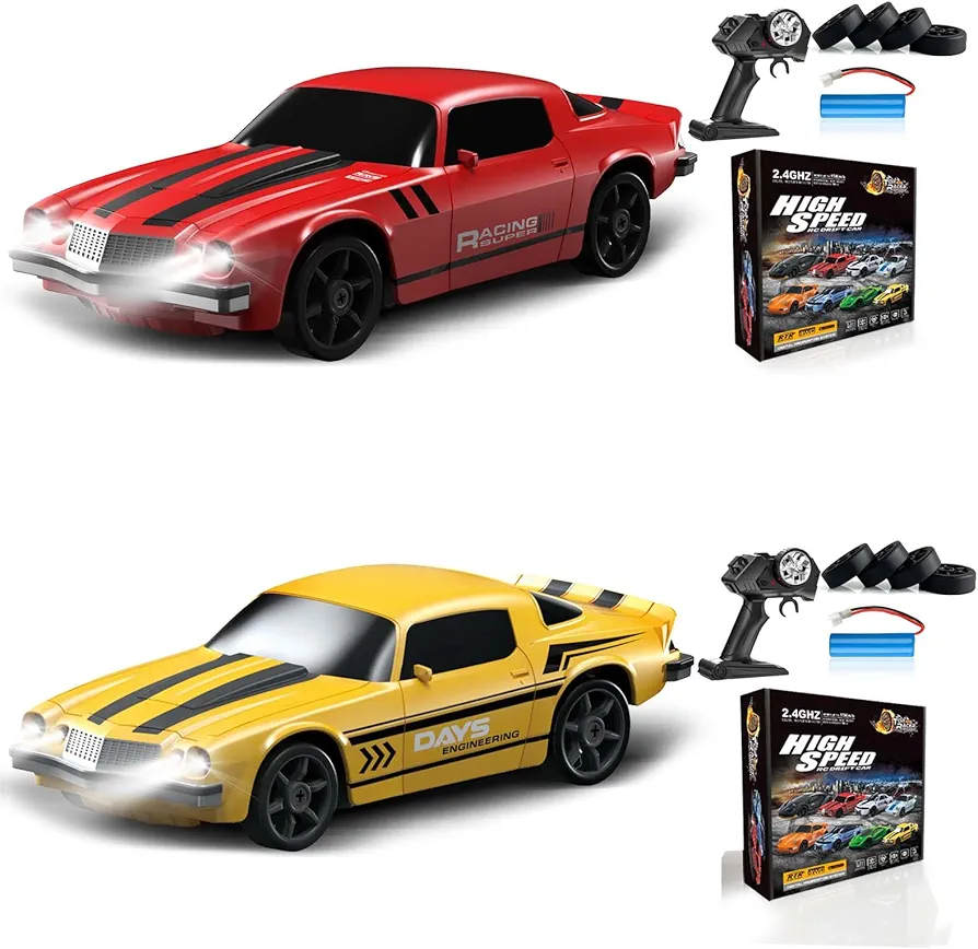 2PCS RC Drift Car 1:24 Remote Control Car 4WD 15KM/H High Speed Racing Sport Car with LED Lights RC Cars Toy Cars for Kids Boys Girls Adults Gifts Birthday Christmas Rechargeable Batteries