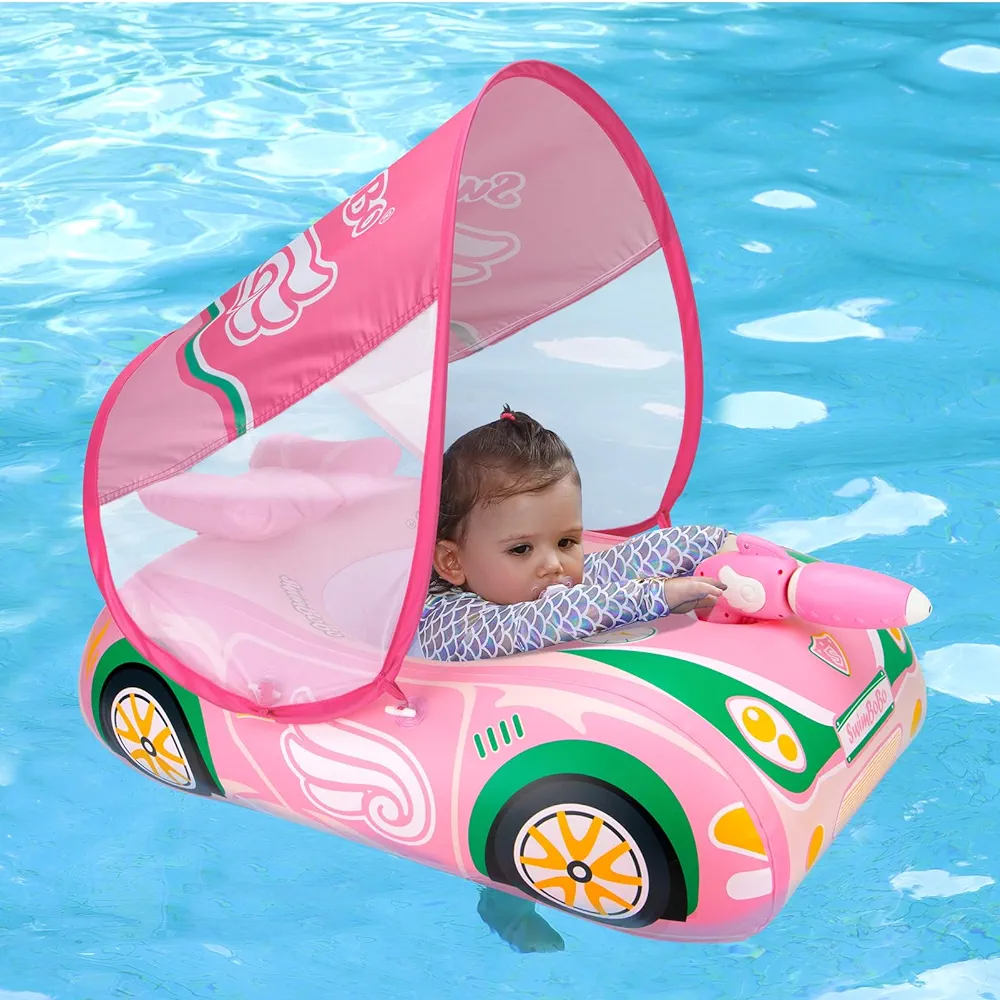 Swimbobo Toddler Pool Float Inflatable Car Baby Swim Float with Adjustable Sun Canopy and Safety Seat Pool Toys for Kids 3+ Years Old