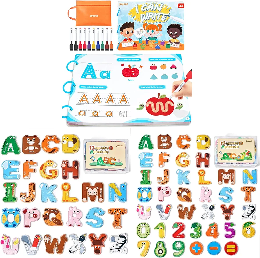 Wooden Thick Alphabet Magnets for Toddlers Fridge Large Size Cute Animal Colorful ABC Magnetic Letters 26 Uppercase Letters + 6 Uppercase Letters 0-9 Numbers Toy Set +Preschool Learning Activit