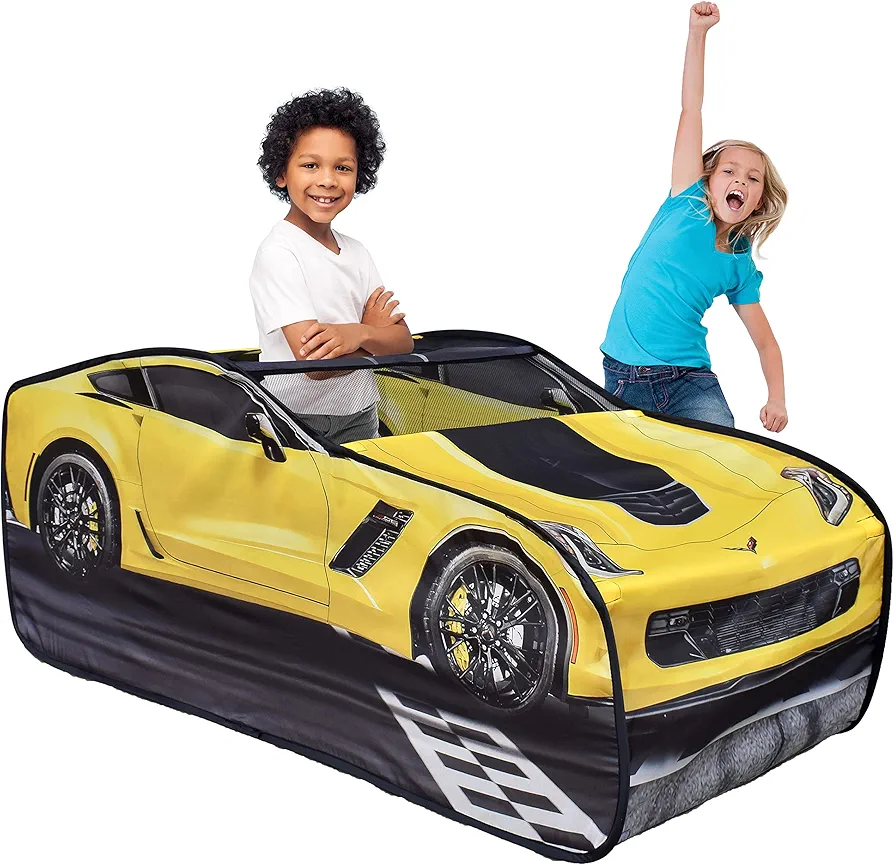 Chevy Corvette Pop Up Tent,Large Foldable Race Car Play Tent for Kids, Birthday Gift Boy, Yellow, 3+