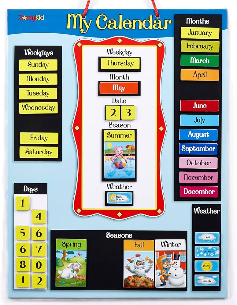 ZazzyKid Magnetic Calendar & Weather Chart for Kids - Preschool Daily Calendar Learning for Days of the Week, Months, Weather & Season Blue