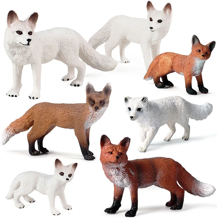 RCOMG 7PCS Fox Toy Figures, Plastic Forest Animals Fox Figurines Set Include Arctic Fox & Red Foxes Toys, Cake Topper Party Favor Gift for Kids Children Toddlers