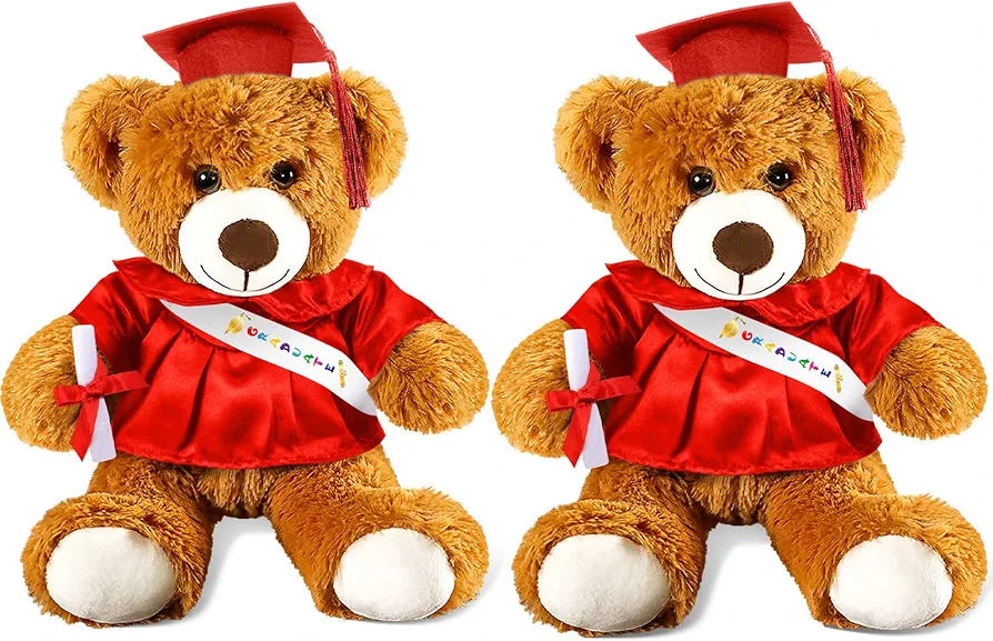 2 Pcs Graduation Bear Plush Stuffed Toy Bear Graduation Gifts Bear Doll Stuffed Bear with Grad Cap Diploma Stuffed Bear Plush Toy for Preschool Kindergarten College Gift (Brown, Red, 9 Inch)