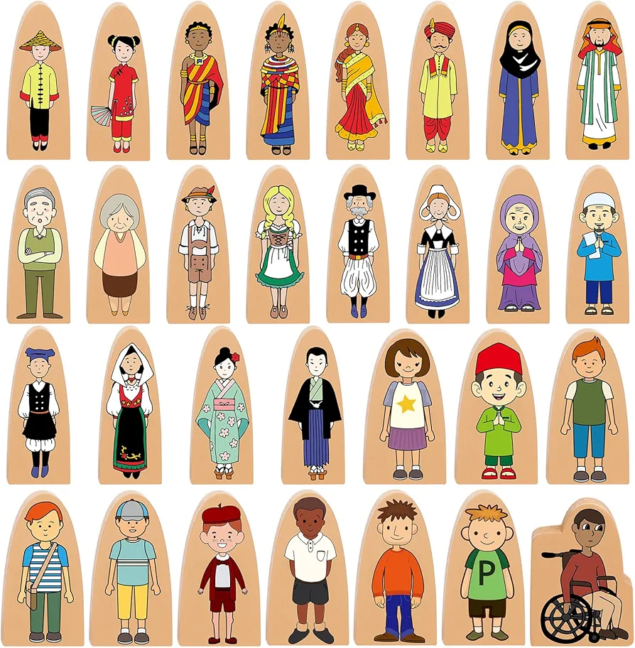 30 Pcs Small Wooden Blocks Multicultural Wooden Character Set Cute People Toys Double Sided Wooden People Figures for Classroom Diversity Play Open Ended Stem Pretend Educational Games