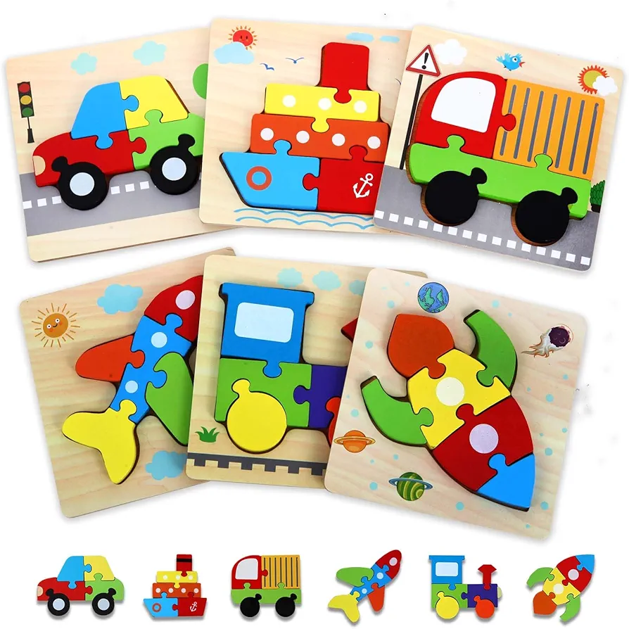 Wooden Puzzles for Toddlers, Wooden Vehicle Puzzles Toy Gift for 1, 2, 3 Years Old Boys Girls, Montessori Learning Education Preschool Sets Gift for Boy Girl, Pack of 6