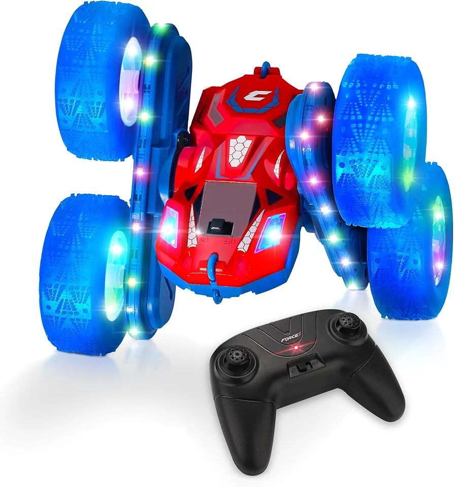 Force1 Cyclone LED Remote Control Car for Kids - Double Sided Fast RC Car with Bright LED Tires, Off-Road Crawler RC Stunt Car 360 Flips, Spins, Drifts; 2.4GHz Remote Control, 2 Rechargeable Batteries