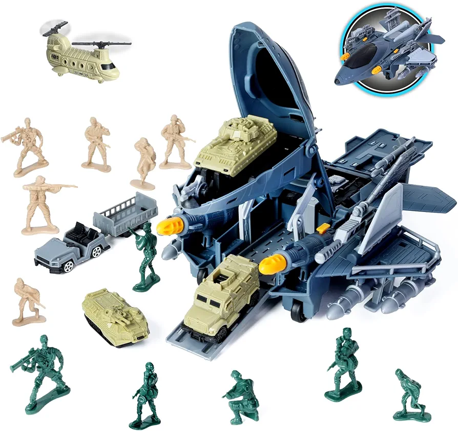 Military Airplane Toys Set, 5 Pack Assorted Vehicles Trucks Helicopter Toys and 12 Pack Soldiers Army Men, with Decorate Launch The Missile, Gifts for Kids Boys