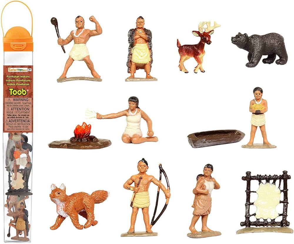 Safari Ltd. Powhatan Indians TOOB - 12 Figurines: Camp Fire, Canoe, Deer Hide, Warriors, Pocahontas, Chief Whunsoncock, & More - Educational Toy Figures For Boys, Girls & Kids Ages 3+