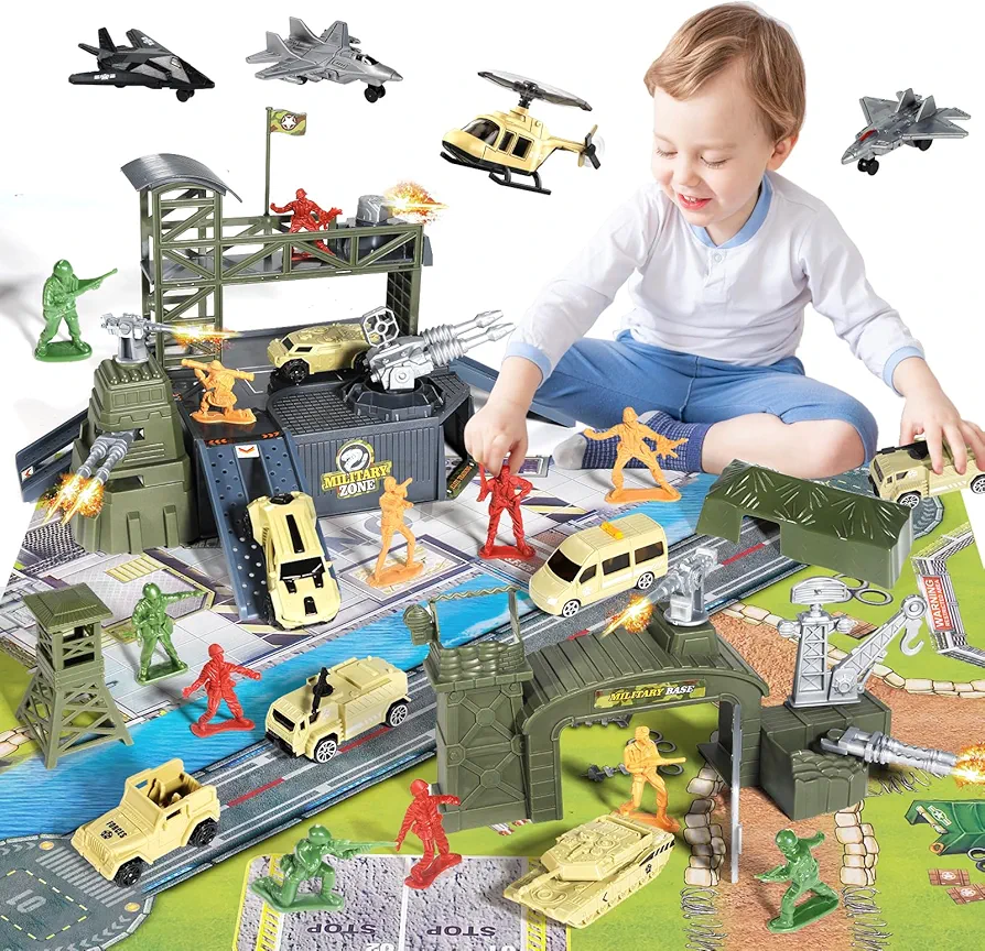 62 Pieces Military Base Set Army Men Toy Mini Action Figures Playset with Vehicles,Soldiers and Play Map Birthday Gifts for 3 4 5 6 7 8 Year Old Boys Girls Kids