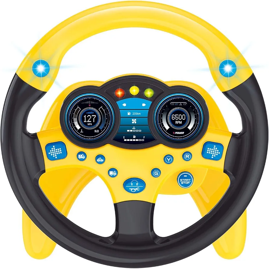 Baby Steering Wheel Toy, Kids Steering Wheel for Car Backseat a Variety of Car Sound Effects to Develop Baby's Auditory Skills. (Yellow)