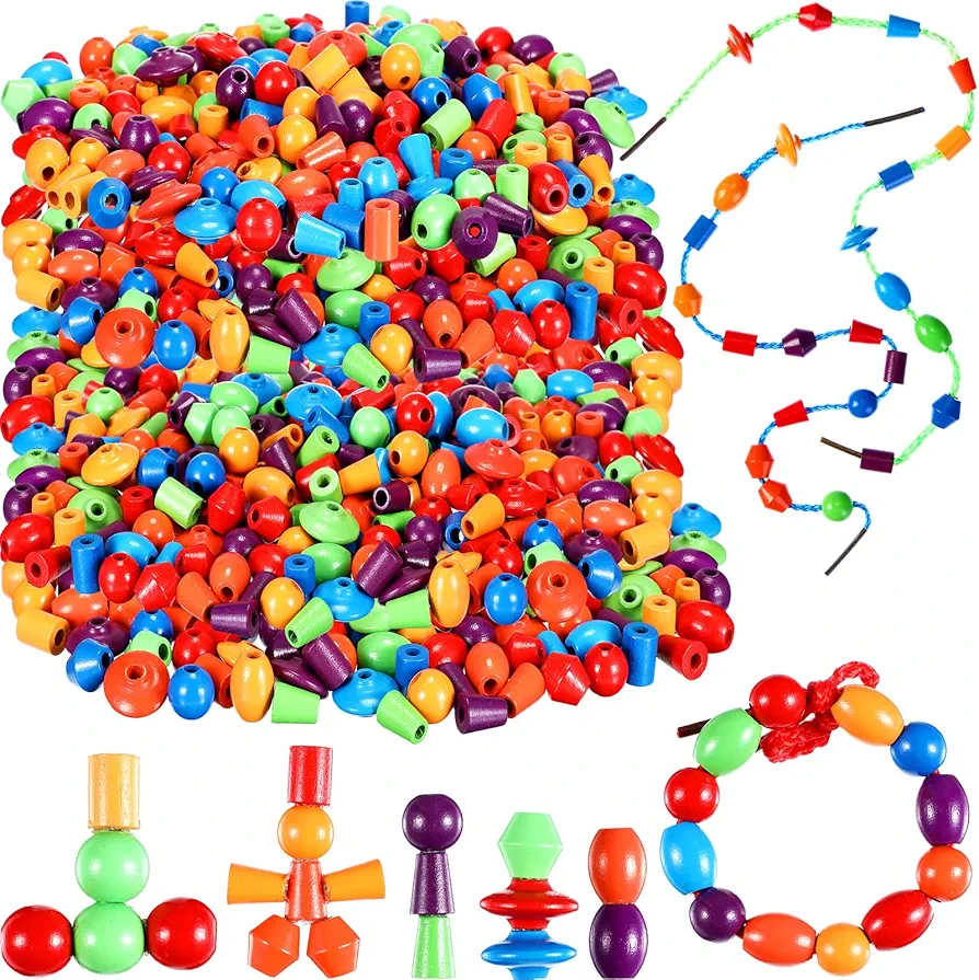 Shappy 324 Pcs Lacing Beads for Toddler 1-6 Years for School Classroom Wooden Beads Threading Toys Toddler String Beads Montessori Kids Lacing Toys Preschool Toddler Fine Motor Skills Toy