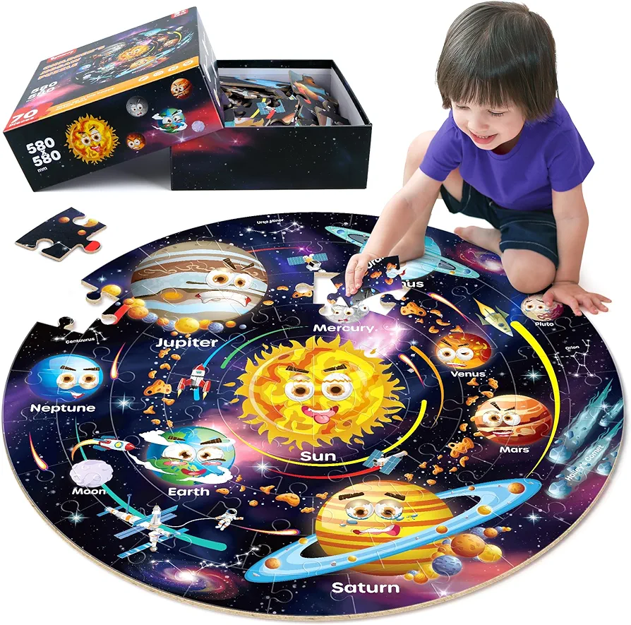 SYNARRY Solar System Floor Puzzles for Kids Ages 4-8, Large 70 Piece Jigsaw Puzzles for Kids Ages 4-6, Space Planet Astronaut Toys Gifts Puzzles for 3-5 5-7 8-10 Years Old Toddlers Boys Girls Children