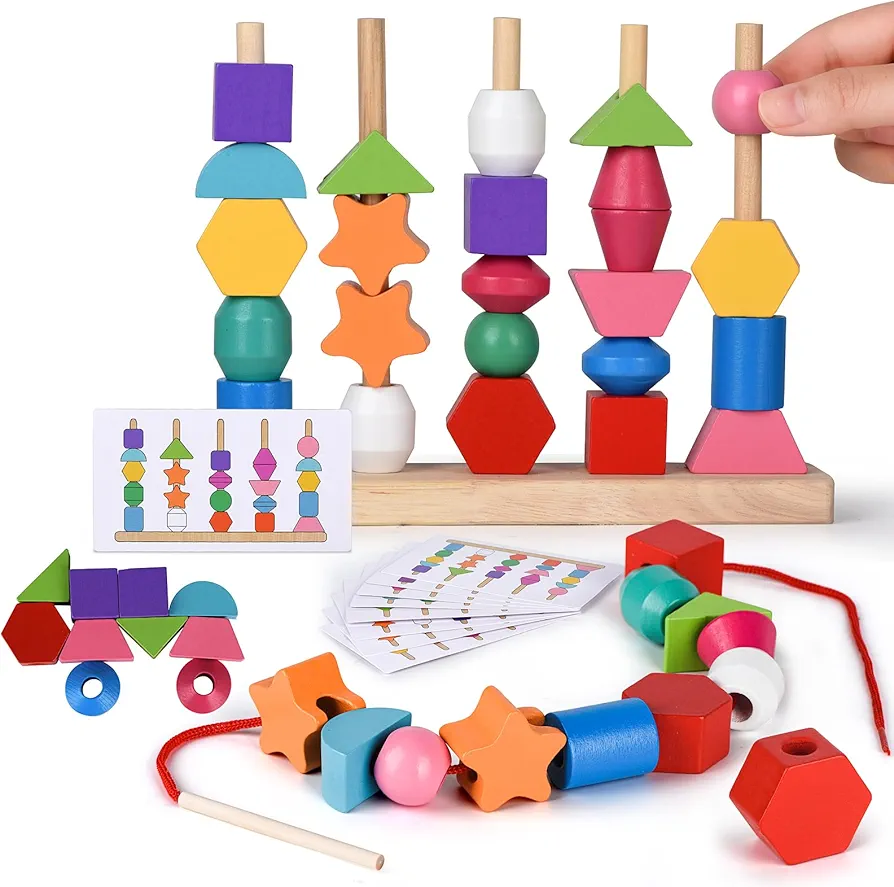 Montessori Bead Sequencing Toy Set, Wooden Stacking Blocks & Lacing Beads & Matching Shape Colors Stacker, Montessori Toys for 2 3 4 5 Year Old, Toddlers Preschool Learning Fine Motor Skills Toys