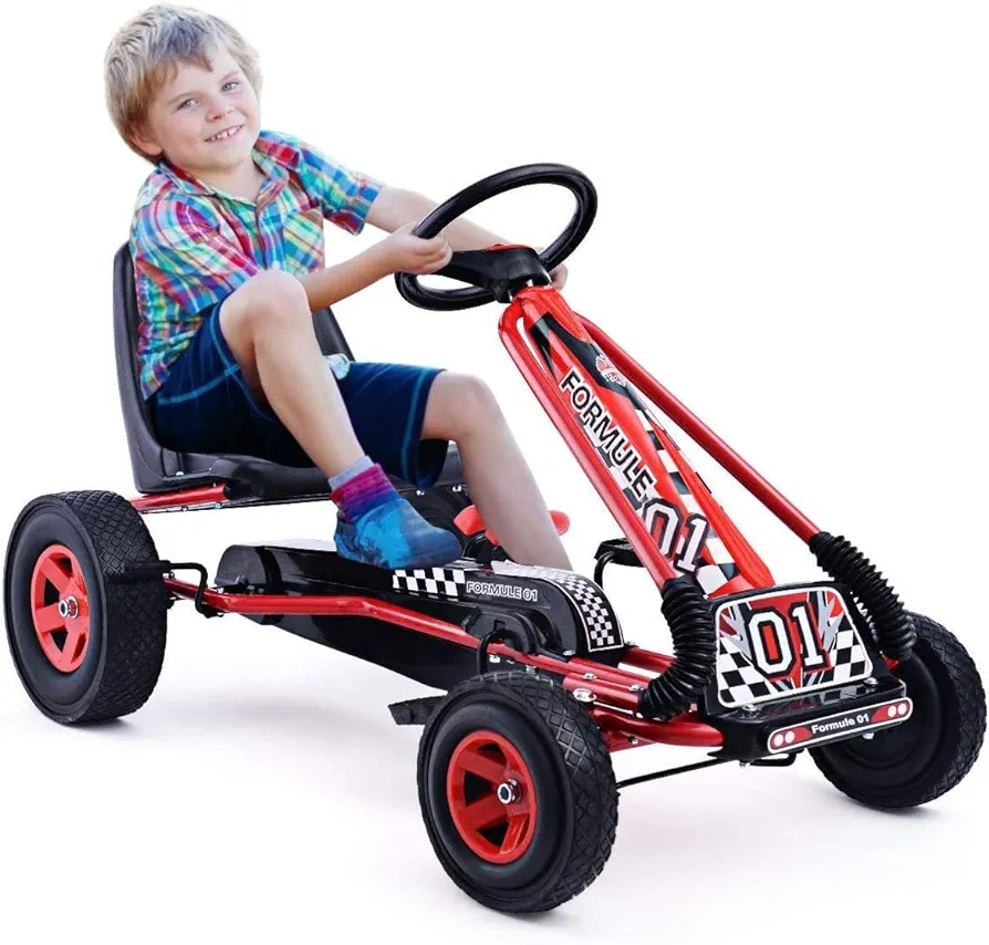 HOMGX Pedal Go Kart, Outdoor Kids Go Kart with Adjustable Bucket Seat, Rubber Wheels & Safety Brake, Pedal Powered Ride On Kart for Boys & Girls 3-5 (Reddish Black)