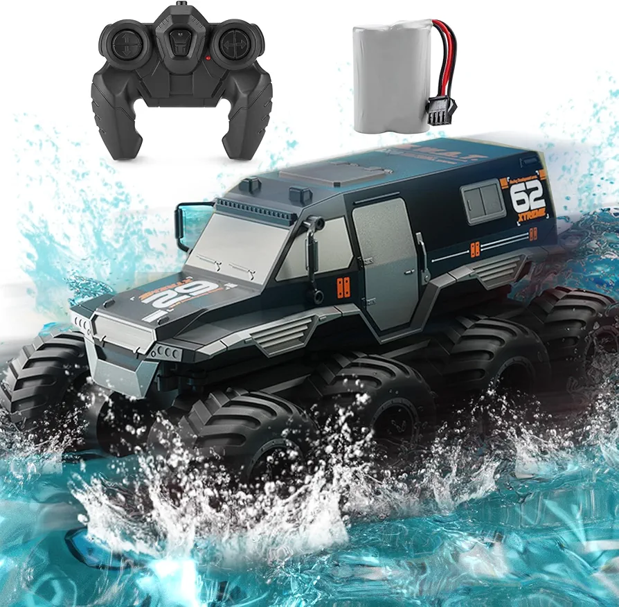 Amphibious RC Truck 1: 12 8WD, 2.4G Off Road Waterproof Large Remote Control Car for Boys, All Terrain RC Car Toys for 7 8 9 10 11 12 Year Old Boys/Girls 4+, Gift Birthday Christmas -Black