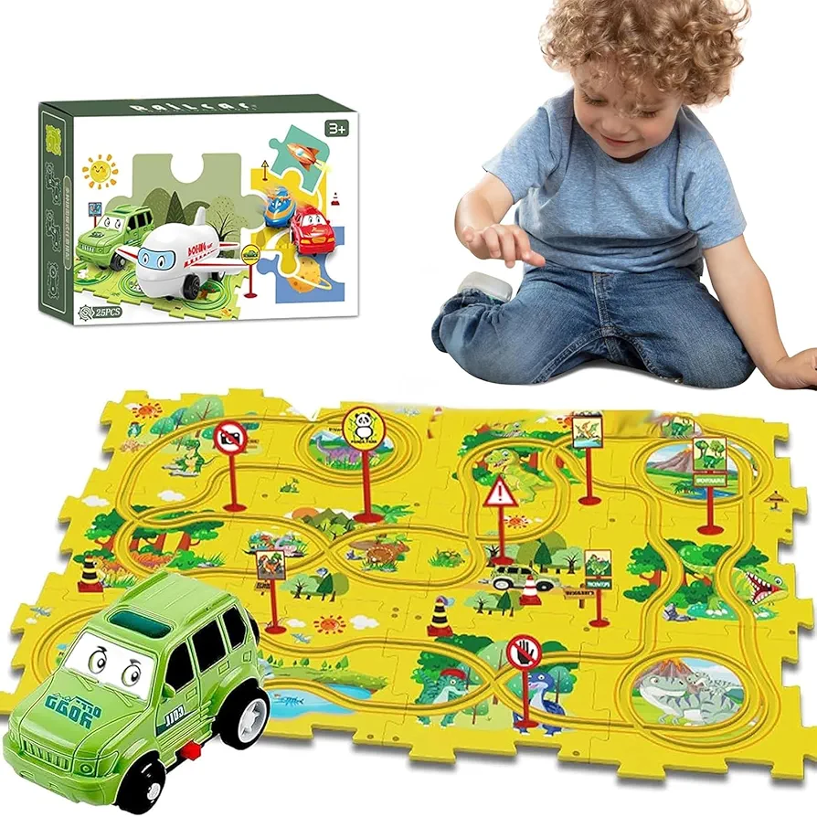 25PCS Puzzle Racer Kids Car Track Set, Dinosaur Jigsaw Puzzle Racer Car Track Set Puzzle Track Car Play Set Preschool Gifts for Kids Christmas Birthday Gift for Boys Girls