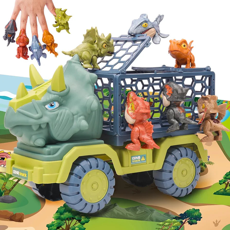 Dinosaur Truck Toys for Kids 3-5, Triceratops Transport Truck with 6 Dino Figures Toys, Dino Activity Play Mat, Dinosaur Truck Carrier Transport Car, Jurassic Dinosaur Play Set