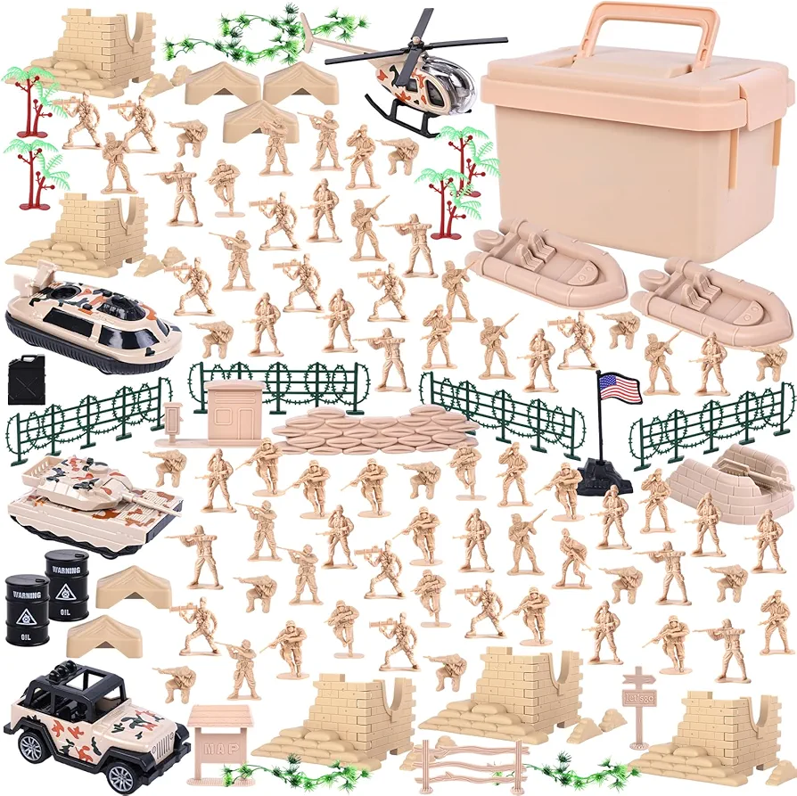 3 otters 115PCS Army Men Playset, Military Soldier Set Army Action Figures Battle Group with Box Vehicle Helicopter for Gifts