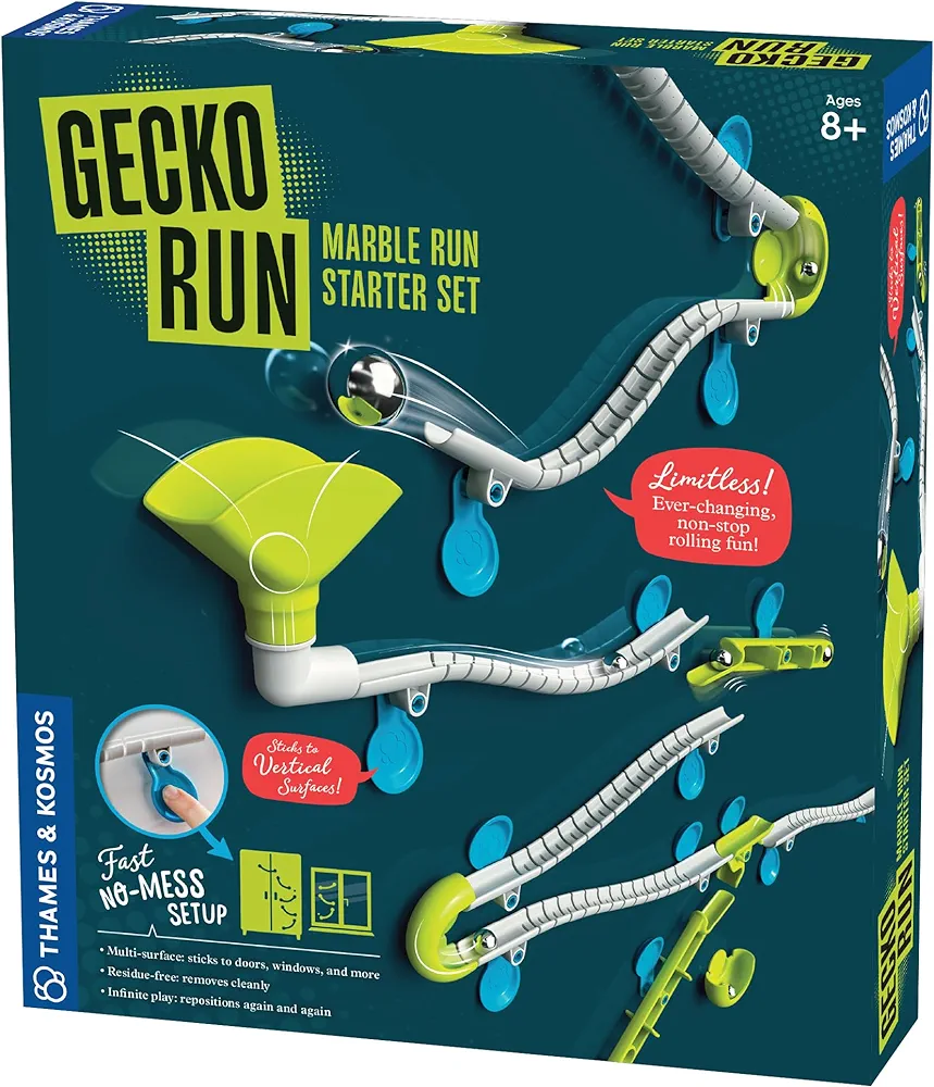 Gecko Run Marble Run Starter Set by Thames & Kosmos – 63 Piece Vertical Marble Run Toy with Flexible Tracks | Fast, No-Mess Setup with Residue-free Nano-Adhesive Pads for Hours of Creative Play