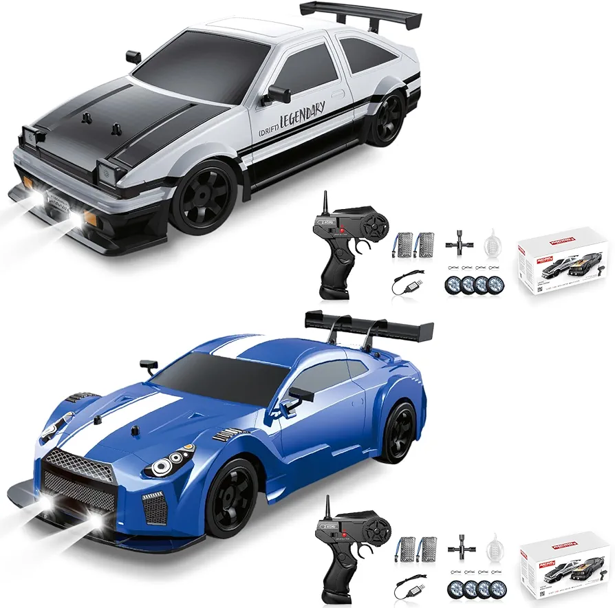 2PCS RC Drift Cars 2.4GHz 1:16 Scale 4WD High Speed Remote Control Cars with LED Lights Two Batteries and Drifting Tires Racing Sport Toy Cars for Adults Boys Girls Kids Gift