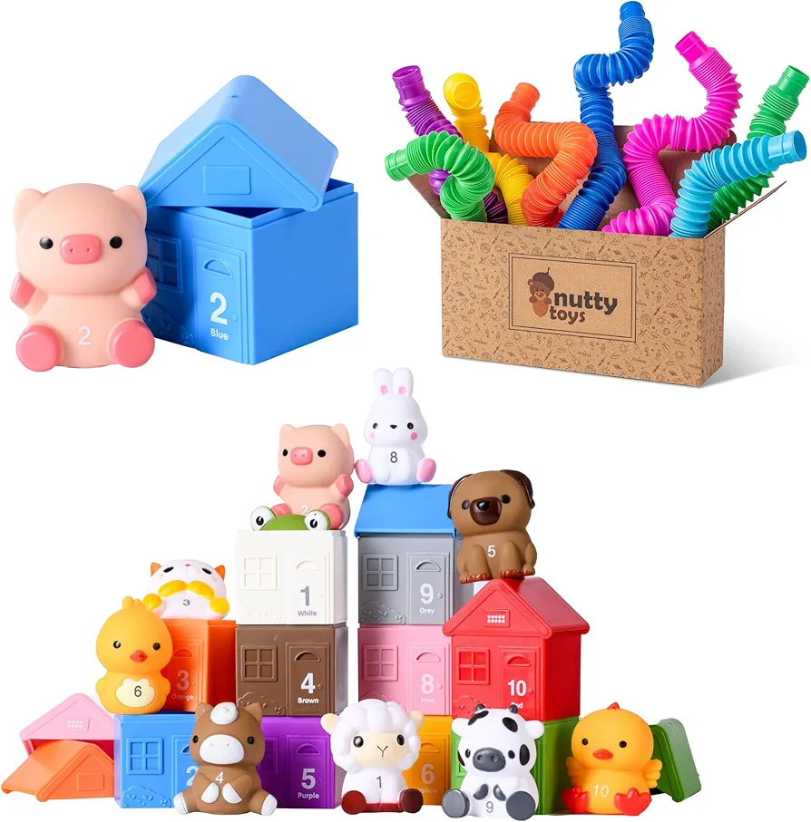 Super Toddler Bundle - Pop Tube Sensory Toys & Farm Animal & Barn Sorting & Stacking Set