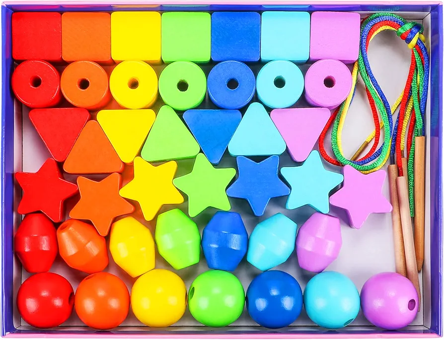 42PCS Lacing Beads Montessori Toys for Toddlers Wooden Primary String Threading Beads Rainbow Lacing Toy Preschool Fine Motor Skills Educational Toy for 3 4 5 6 7 8 Years Old Kids Boys Girls