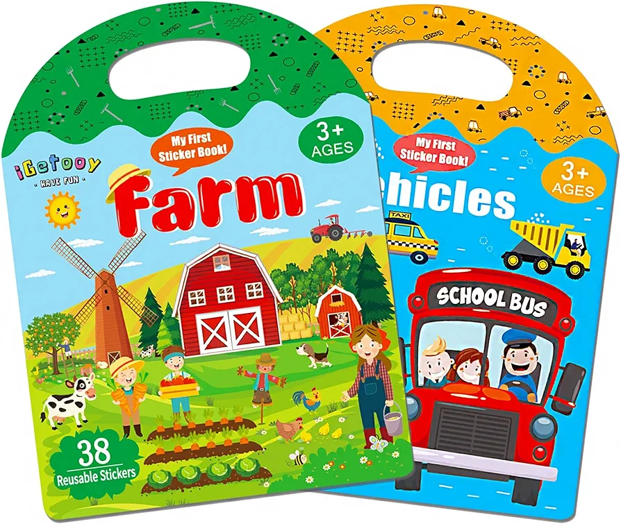 Reusable Sticker Books for Kids 2-4, 2 Sets Jelly Quiet Book, Preschool Learning Activities Busy Book for Toddler Travel Toys Waterproof Stickers for Kids (Vehicles & Farm))