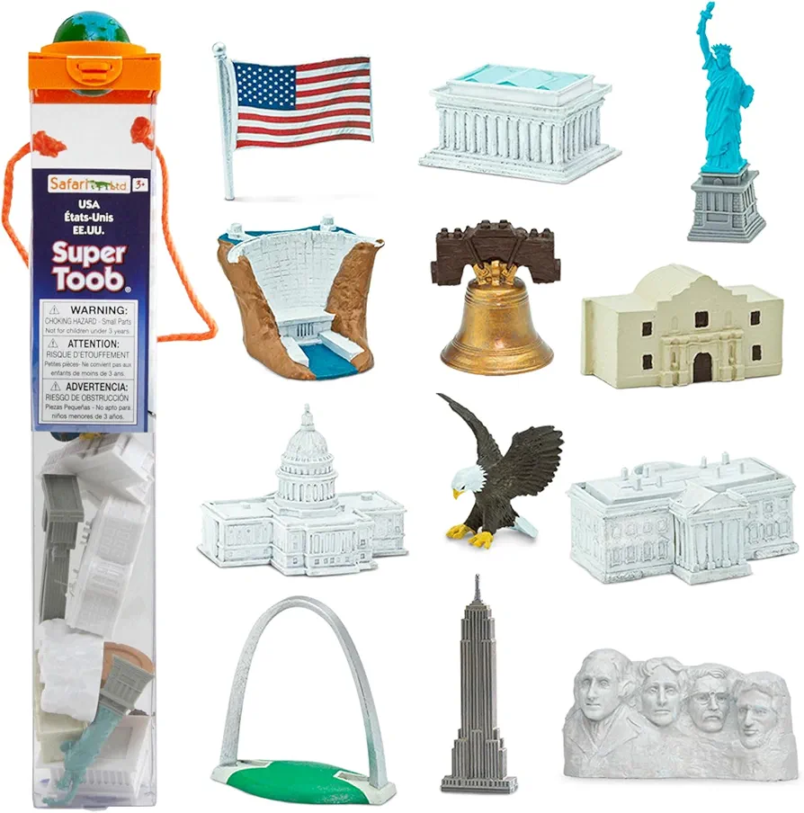 Safari Ltd. USA Super Toob - Toy Figures of Lincoln Memorial, Hoover Dam, Liberty Bell, Alamo, Mt. Rushmore, Statue of Liberty, Capital, White House & More - Educational Toy for Boys, Girls & Kids 3+