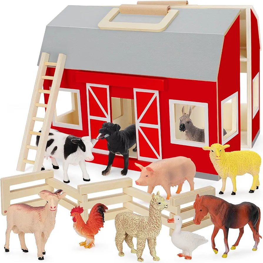 YEEBAY Farm Animals Toys for 3+ Year Old Kids Toddlers Girls Boys, Large Wooden Barn with Animal Play Figures, Farm Playset Educational Learning Toys, Ideal Christmas Birthday Gifts