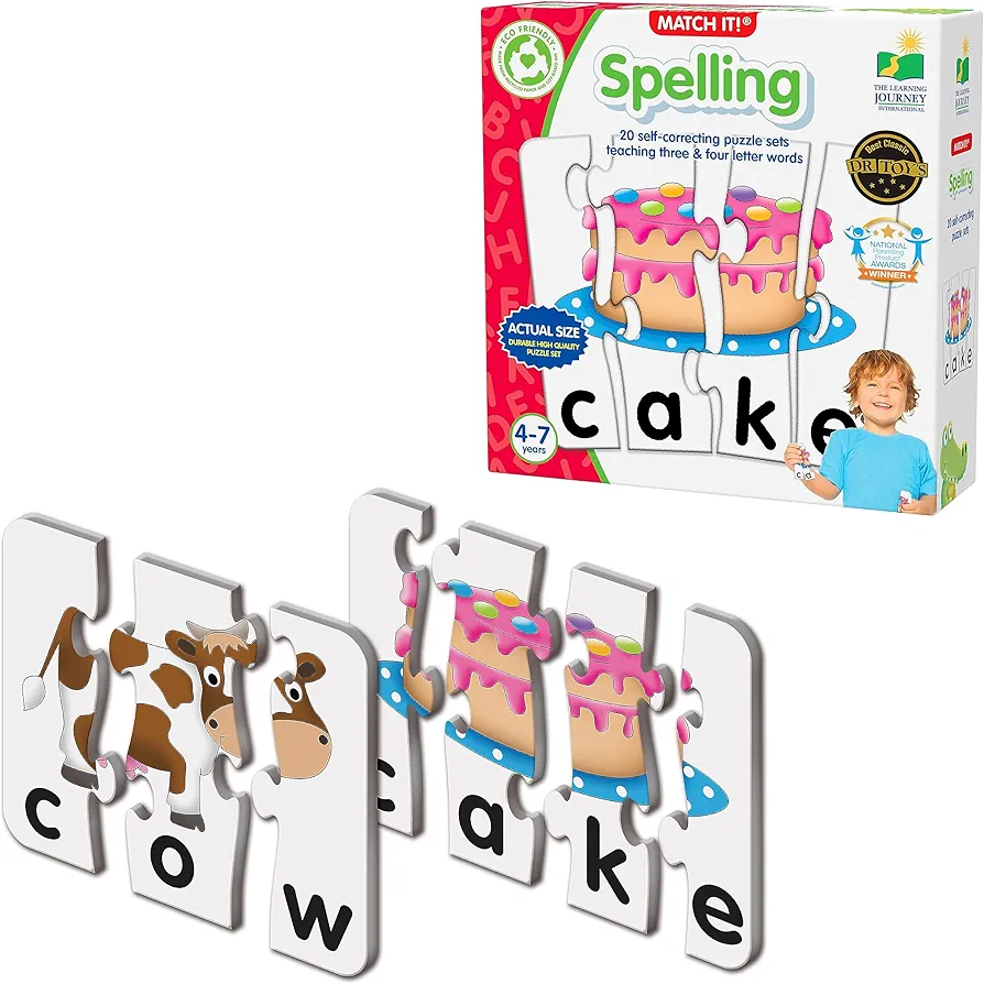 The Learning Journey: Match It! - Spelling - 20 Piece Self-Correcting Spelling Puzzle for Three and Four Letter Words with Matching Images - Learning Toys for 4 Year Olds - Award Winning Toys