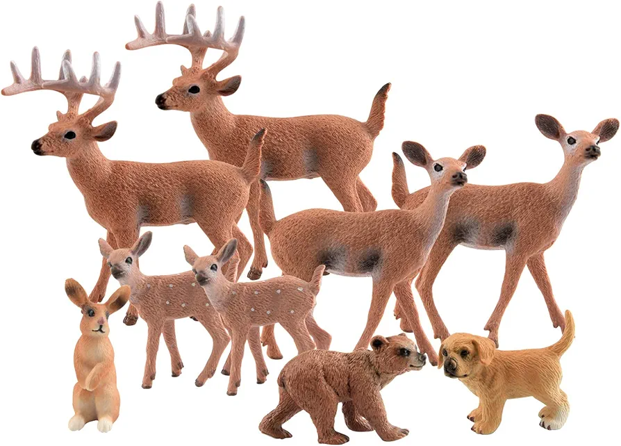 TUPARKA 9Pcs Forest Animals Set, Miniature Figures Woodland Animals Deer Figurine, Dog, Rabbit, Bear Figure Miniature Animals Woodland Cake Toppers