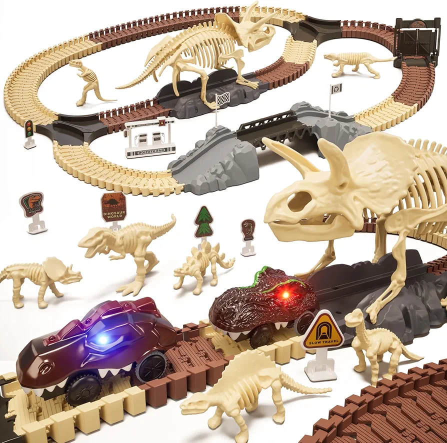 OR OR TU 2024 New Dinosaur Toys Race Track, 188 PCS Dinosaur Train Set for Kids 3-5 5-7, 2pcs Dinosaur Car with Light, 8pcs Dinosaur Fossil Skeletons for Toddlers