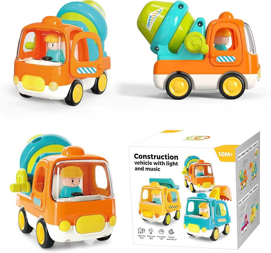 Friction Powered Push and Go Cars Small Cement Truck with Music Sound and Light Construction Vehicles Toys Trucks Cars 1st Birthday Gifts for Kids Boys Baby Toddlers 0 Months+ 1-3 Year Old