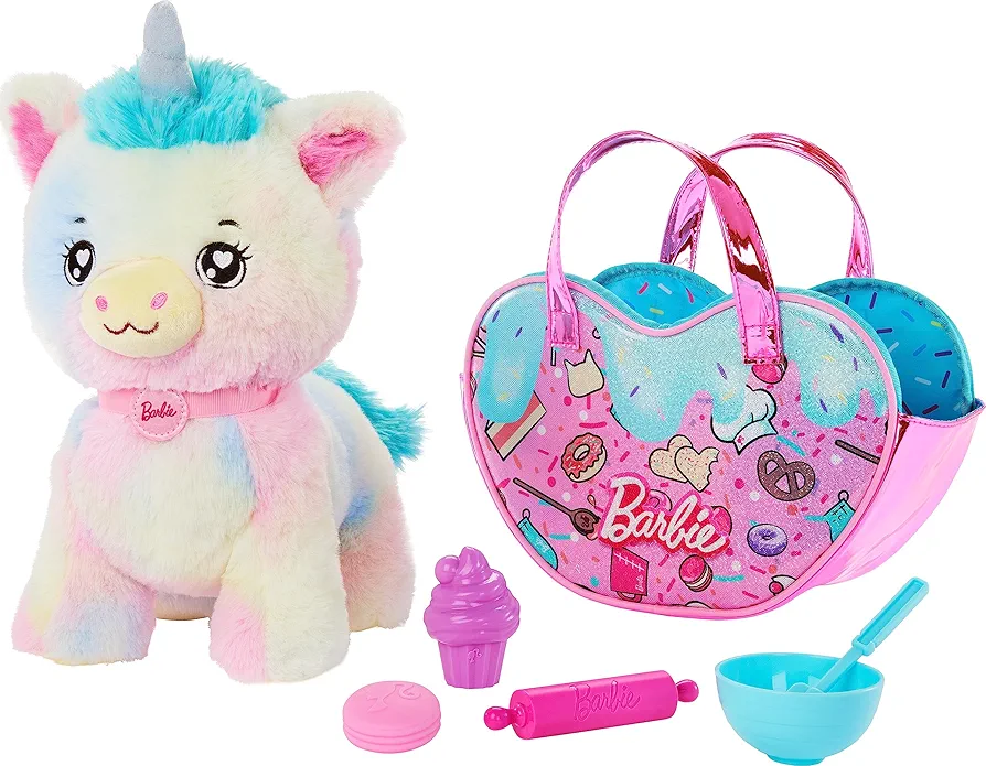 Barbie Stuffed Animals, Unicorn Toys, Plush Unicorn with Dessert-Themed Purse Playset and 5 Accessories, Chef Pet Adventure