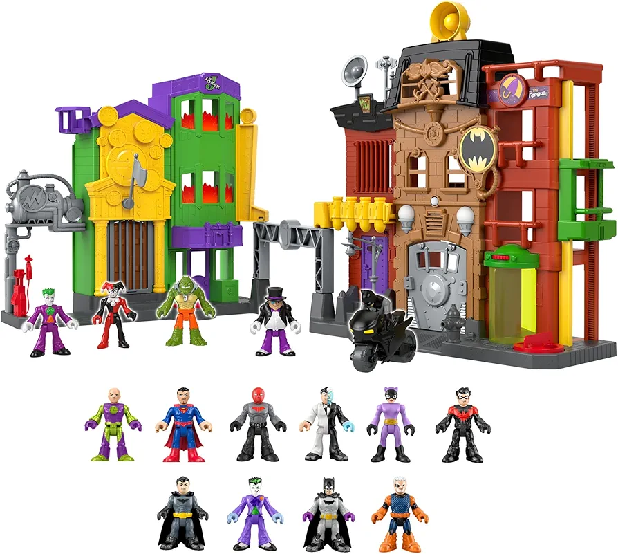 Bundle of Imaginext DC Super Friends Batman Figure 10 Characters & 10 Accessories + Batman Playset Crime Alley with Character Figures & Accessories for Pretend Play Ages 3+ Years (Amazon Exclusive)