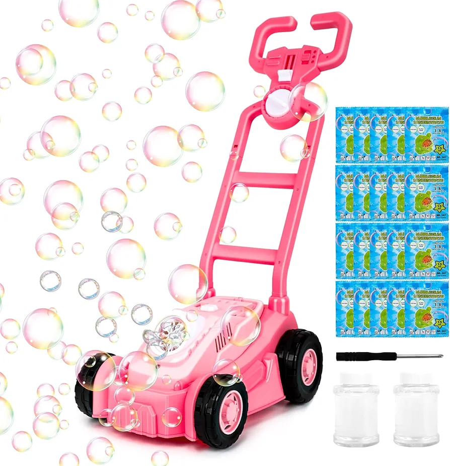 Bubble Lawn Mower for Toddlers 1-3, Bubble Machine Outdoor Toys, Automatic Bubble Mower Push Lawn Mower Toys for Preschool Kids Boys Girls Christmas Birthday Gifts (Pink)