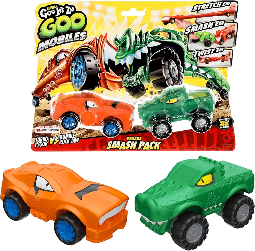 Heroes of Goo Jit Zu Goo Mobiles Versus Pack Turbo Tygor VS Rumble Rock Jaw. Two Stretchy, Squishy Vehicles. Stretch 'Em, Smash 'Em, Twist 'Em!