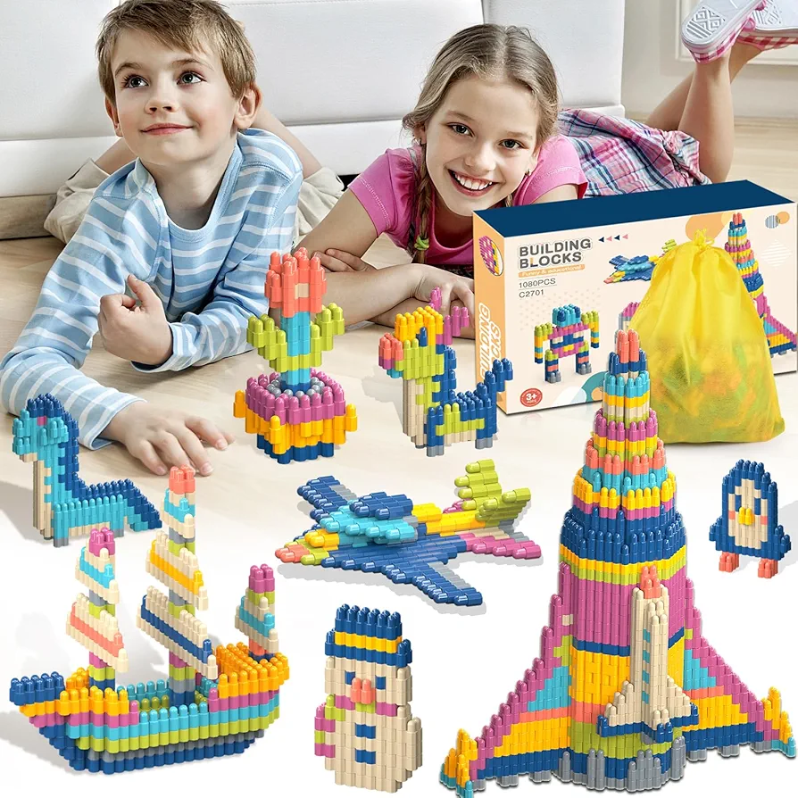 Building Blocks for Kids,1080Pcs Toddlers STEM Building Toy Solid Plastic Construction Set Educational Tinker Sensory Toys Learning Playset Kit Birthday Christmas Preschool Gift for Boys Girls Age 3+